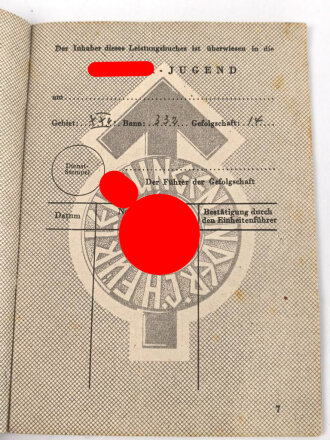 Leistungsbuch der Hitler-Jugend,eingetragenes Leistungsabzeichen in Silber, Bann 332 Landshut, datiert 1943