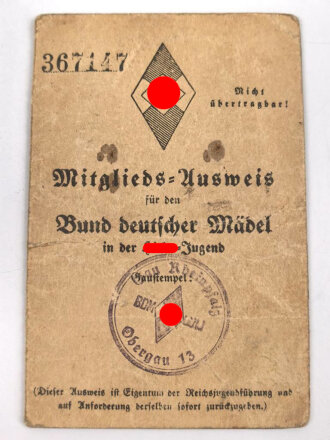 Mitgliedausweis für den Bund deutscher Mädel,...