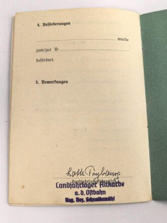 BDM Landjahr Ausweis für das Landjahrlager Altkarbe Schneidemühl, datiert 1941