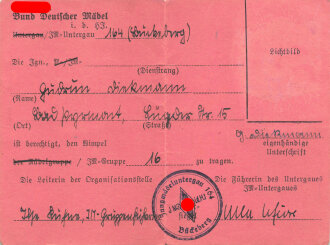 Bund deutscher Mädel, Berechtigungschein zum Tragen des Wimpel JM Gruppe 16, Büdeberg, datiert 1934