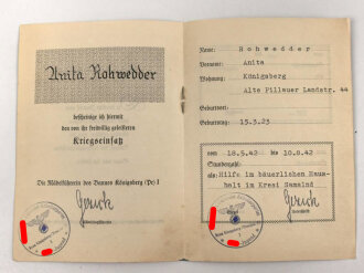 Königsberg, "BDM Kriegseinsatz"  Ausweis, die Hakenkreuz übermalt,  datiert 1942