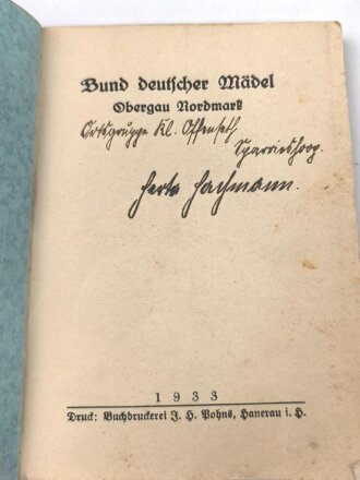 Bund deutscher Mädel Obergau Nordmark, Liederbuch, 64 Seiten, datiert 1933