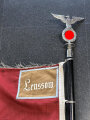 Fahne der NSDAP Ortsgruppe Leussow. Die Hakenkreuze Nachlackiert, sonst unberührt und zusammengehörig. War scheinbar nie auseinander. das Fahnentuch mit Mottenschäden. KEIN VERSAND