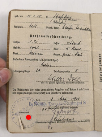 Afrikakorps Soldbuch Heer, ausgestellt 8.5.1942 bei Panzer Regiment 8