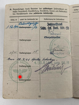 Soldbuch Heer, ausgestellt 21.12.1940 bei MG. Erf. Komp. 104 . Verhältnismäßig wenige Einträge, Vollständig