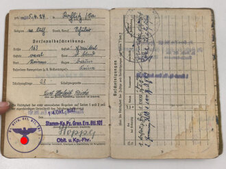 Soldbuch Heer, ausgestellt 14.10.1942 bei Stamm Kp. Pz. Gren. Ers. Btl. 101