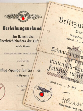 Afrikakorps Luftwaffe, zwei Verleihungsurkunden eines...