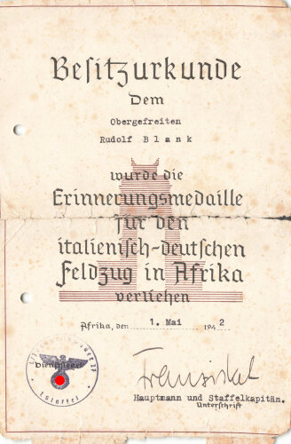 Afrikakorps Luftwaffe, zwei Verleihungsurkunden eines...