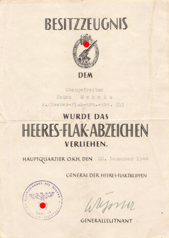 Besitzzeugnis Heeres-Flak Abzeichen für einen Obergefreiten der 2./Heeres-Flak-Art.-Abt. 311, 1944, DIN A4