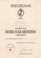 Besitzzeugnis Heeres-Flak Abzeichen für einen Obergefreiten der 2./Heeres-Flak-Art.-Abt. 311, 1944, DIN A4