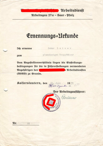 Reichsarbeitsdienst, Urkundengruppe eines Unterfeldmeisters aus Kaiserslautern, DIN A4, gelocht 