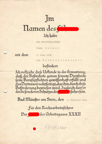 Reichsarbeitsdienst, Urkundengruppe eines Unterfeldmeisters aus Kaiserslautern, DIN A4, gelocht 