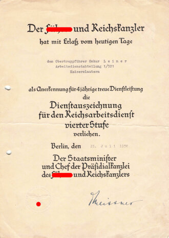Reichsarbeitsdienst, Urkundengruppe eines Unterfeldmeisters aus Kaiserslautern, DIN A4, gelocht 