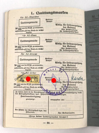 Hitler-Jugend Leistungsbuch eines Angehörigen aus Ried  im Innkreis, Bann 541 , eingetragenes Leistungsabzeichen in silber, 1940