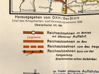 Deutsche Heereskarte "Stuttgart" Ausgabe Nr. 2, datiert 1944, gebraucht, Maße 50 x 66 cm