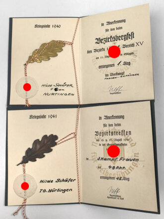 N.S. Reichsbund für Leibesübungen, Vier Anerkennungs Urkunden einer Frau aus Nürtingen, 1940-44