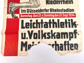 Plakat der SA Gruppe Niederrhein "Leichtathletik u. Volkskampf Meisterschaften" Düsseldorf Rheinstadion 1934, defekt, Maße 62 x 83cm