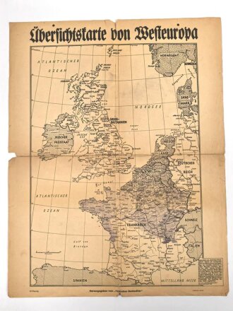 Vriijwillinger Legioen Nederland - Den Haag "Völkischen Beobachter Plan vom Westraum", Maße 42,5 x 54 cm, stark gebraucht