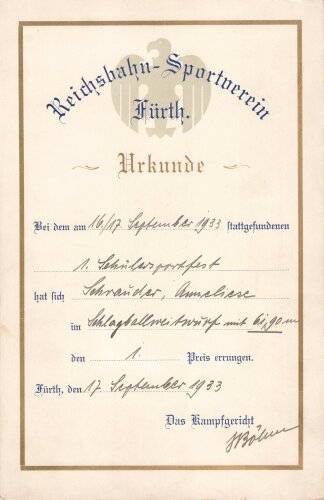 Reichsbahn-Sportverein Fürth, Urkunde einer...