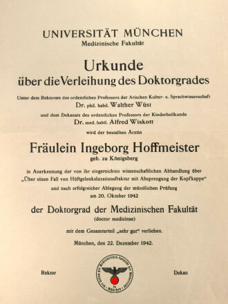 Universität München, Urkunde über die Verleihung des Doktorgrades einer Frau aus Königsberg, 1942, großformat