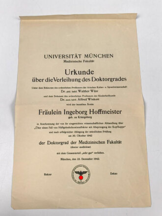 Universität München, Urkunde über die Verleihung des Doktorgrades einer Frau aus Königsberg, 1942, großformat