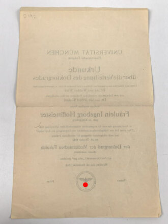 Universität München, Urkunde über die Verleihung des Doktorgrades einer Frau aus Königsberg, 1942, großformat