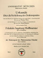 Universität München, Urkunde über die Verleihung des Doktorgrades einer Frau aus Königsberg, 1942, großformat
