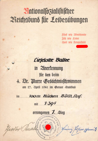 Nationalsozialistischer Reichsbund für Leibesübungen, Anerkennungs Urkunden einer Frau aus Gera, 1941