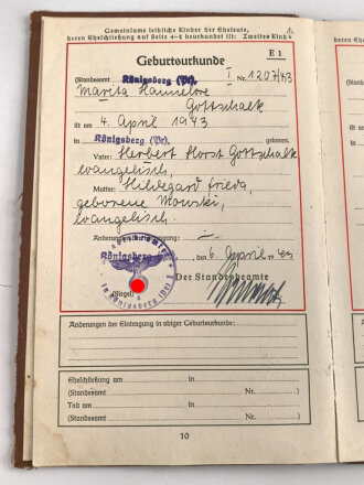 Deutsches Einheits Familien- Stammbuch einer Familie aus Königsberg Preussen, DIN A5, stark gebraucht