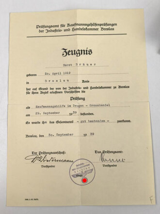 Kaufmannsgehilfenbrief eines Kaufmannes aus Breslau, 1939