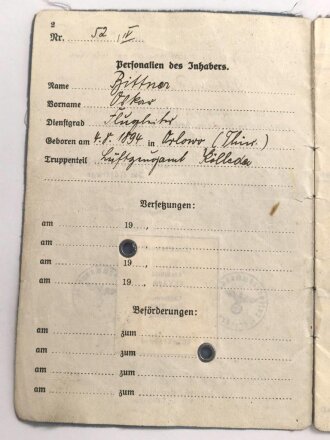 Militär Flugzeugführerschein  ausgestellt 1939