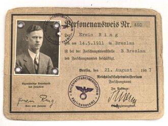 Reichsluftfahrtministerium, Forschungsdienststelle Breslau, Personenausweis datiert 1937, entnazifiziert