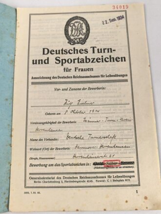 Deutsches ReichsSportabzeichen DRL in silber  für Frauen Urkundenheft, Grund und Leistungschein einer Frau aus Hannover