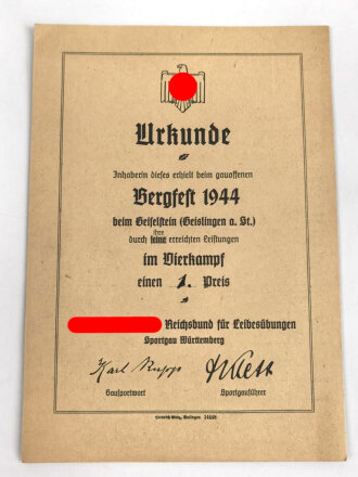 Reichsbundes für Leibesübungen, Drei Urkunde eines BDM Mädel aus Nürtingen