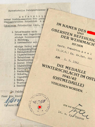 Verleihungsurkunde für die Medaille Winterschlacht...