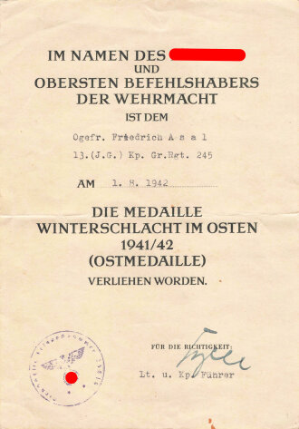 Verleihungsurkunde für die Medaille Winterschlacht...