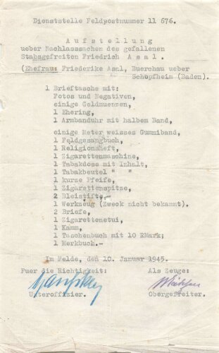Verleihungsurkunde für die Medaille Winterschlacht im Osten für einen Obergefreiten 1942 , dazu dessen Nachlass Aufstellung von 1945