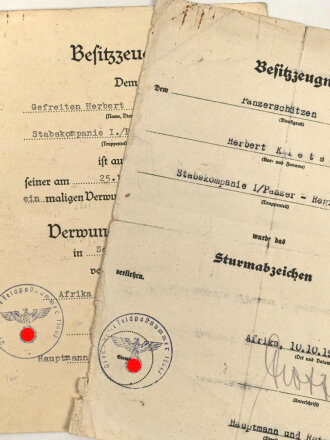 Afrikakorps Panzertruppe, zwei Besitzzeugnisse einers...