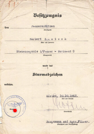 Afrikakorps Panzertruppe, zwei Besitzzeugnisse einers...