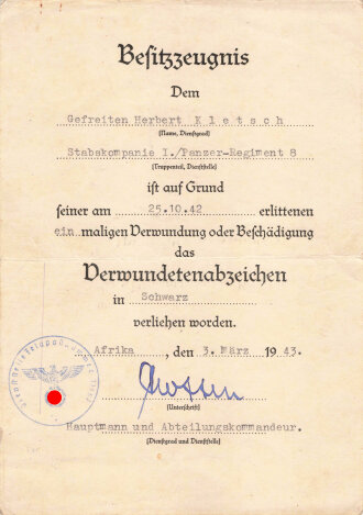 Afrikakorps Panzertruppe, zwei Besitzzeugnisse einers Angehörigen der Stabskompanie I./Panzer-Regiment 8