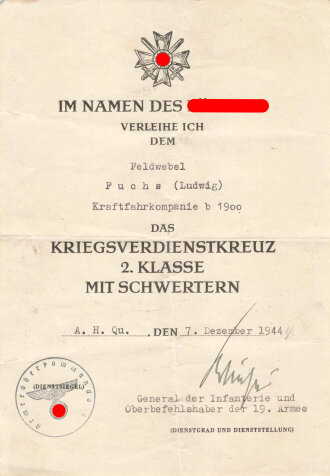 Verleihungsurkunde zum Kriegsverdienstkreuz 2. Klasse mit...