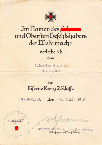 Verleihungsurkunde für das Eiserne Kreuz 2.Klasse...