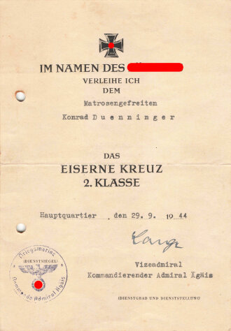 Verleihungsurkunde für das Eiserne Kreuz 2.Klasse,...