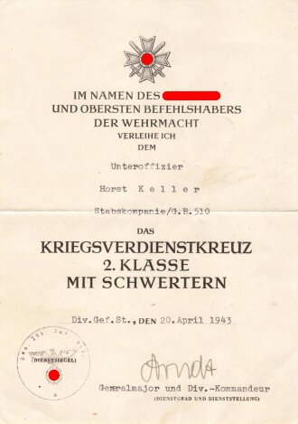 Verleihungsurkunde zum Kriegsverdienstkreuz 2. Klasse mit...