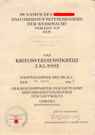 Verleihungsurkunde zum Kriegsverdienstkreuz 2. Klasse...