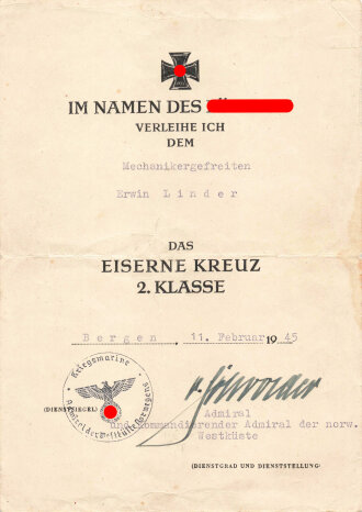 Verleihungsurkunde einers Mechanikergefreiten der...