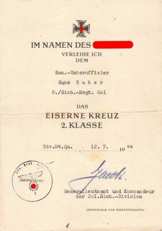 Urkundengruppe eines Sanitäts- Unteroffiziers