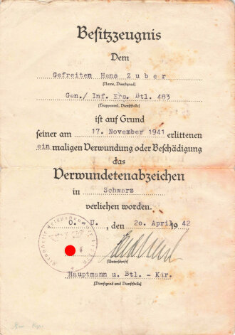 Urkundengruppe eines Sanitäts- Unteroffiziers