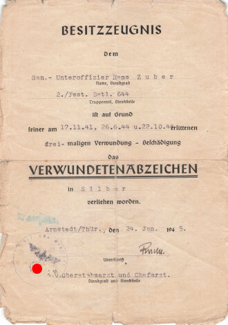 Urkundengruppe eines Sanitäts- Unteroffiziers