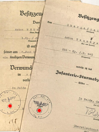 Besitzzeugnis eines Obergefreiten zum Infanterie...